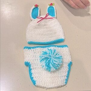 NWOT White & Aqua Bunny Costume Newborn Outfit Hat & Diaper Cover Gift Photo op
